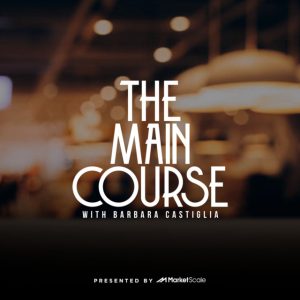 The Main Course Podcast Logo with a restaurant in the background
